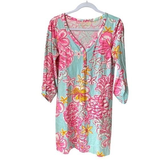 Lilly Pulitzer Dresses & Skirts - Lilly Pulitzer Womens Coastal Preppy T-Shirt Dress 3/4 Sleeve Size S Blue Pink